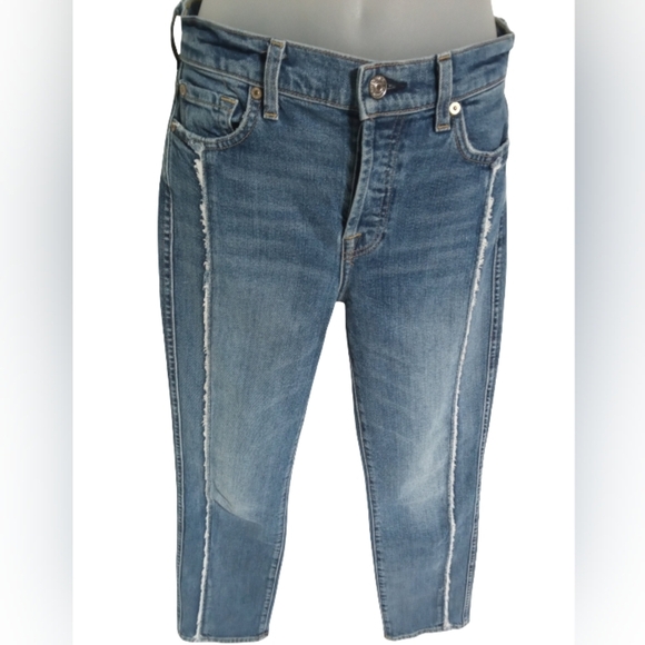 7 For All Mankind Cropped Skinny Jeans Blue Distressed Mid Rise Stretch Size 25 - Picture 1 of 6